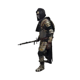 Fallen Knight costume with helmet, shield and sword.